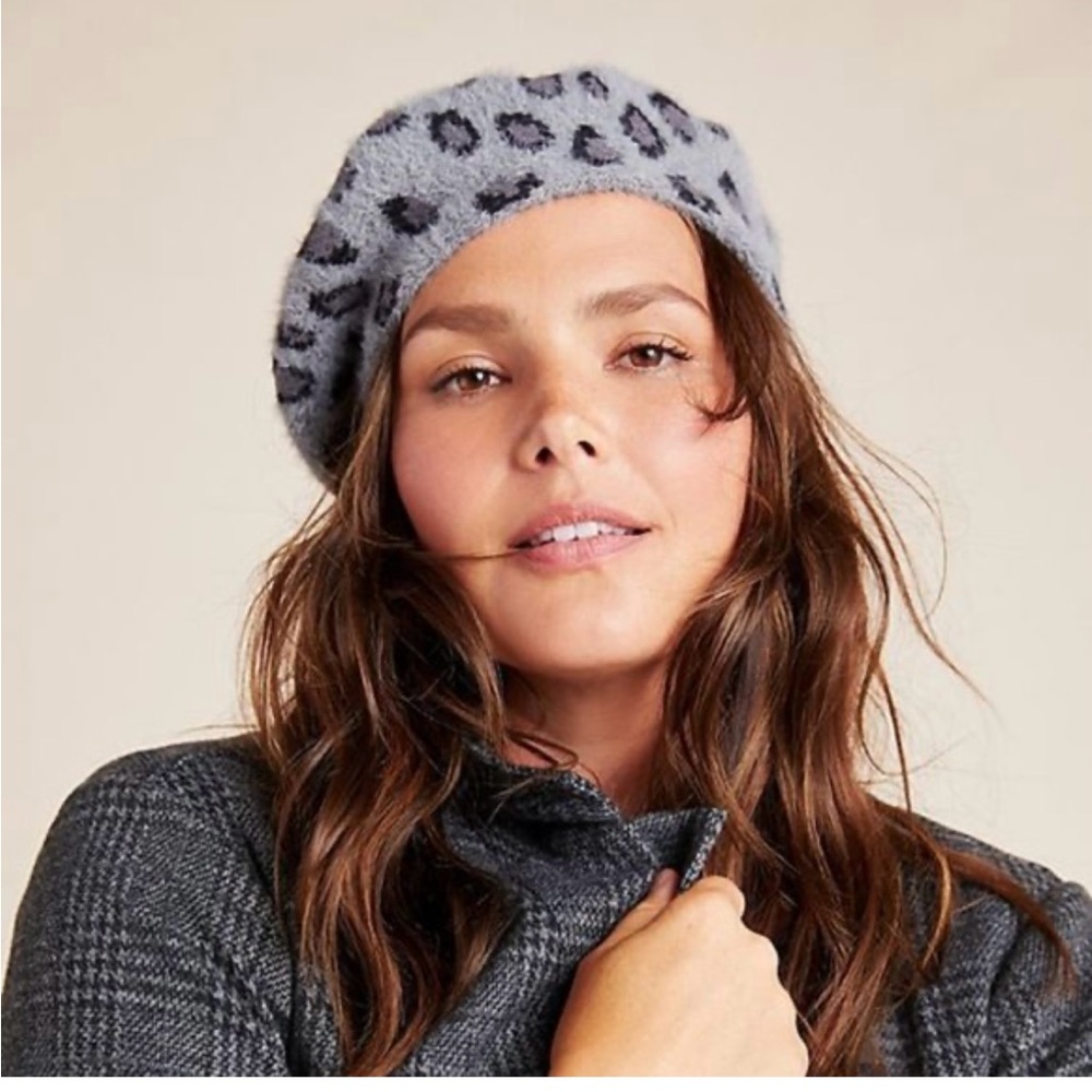 Anthropologie Gray Leopard Print Beret
